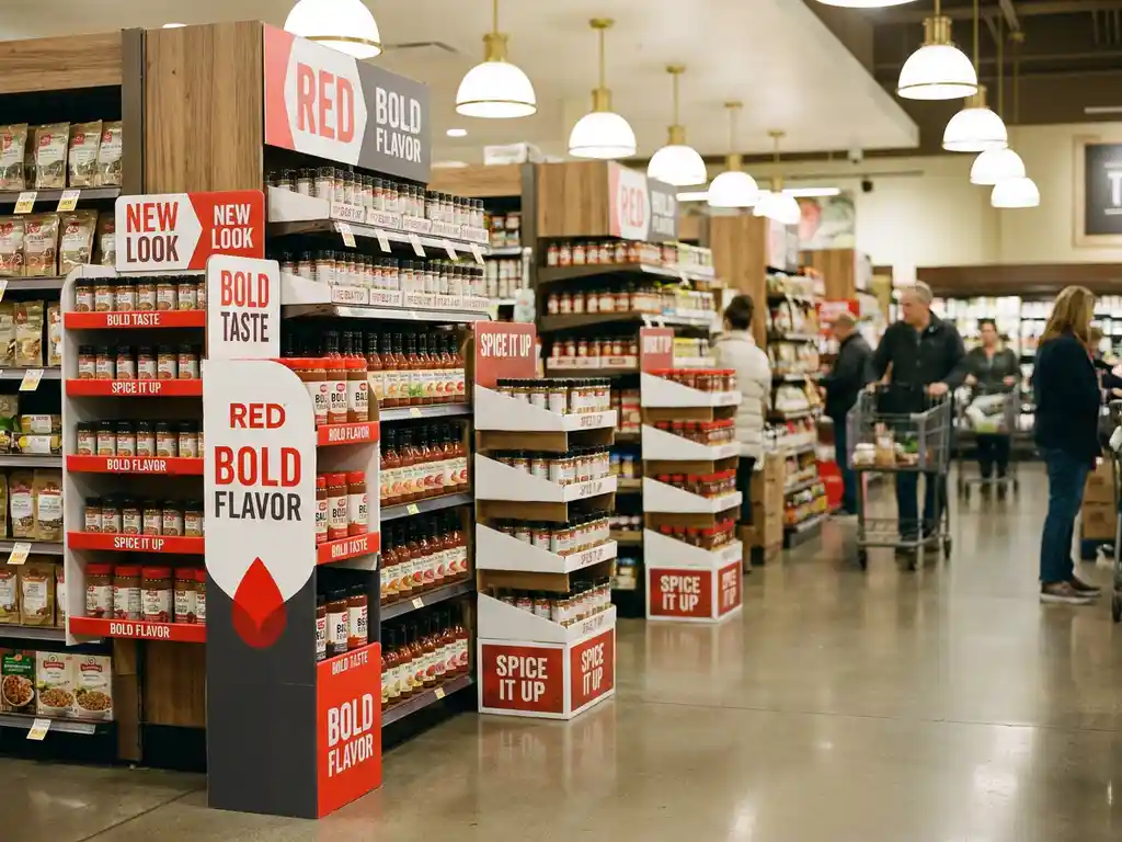 Pasillo de tienda con activación de marca: standee promocional, exhibidores apilados y señalización coordinada en rojo, blanco y carbón.