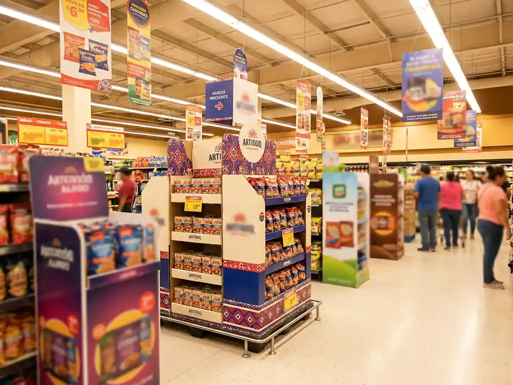 Exhibidor de piso promocional en pasillo de supermercado mexicano con colgantes, stoppers y material POP en azul cobalto y rojo vivo.