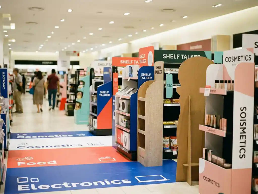 Pasillo de tienda con displays POP variados —shelf talkers, gráficos de suelo y standees— en categorías de electrónica, alimentos y cosméticos.