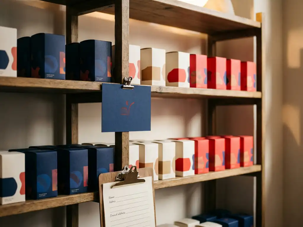 Estante de tienda organizado con packaging colorido, señal promocional a la altura de los ojos y portapapeles con notas de merchandising.