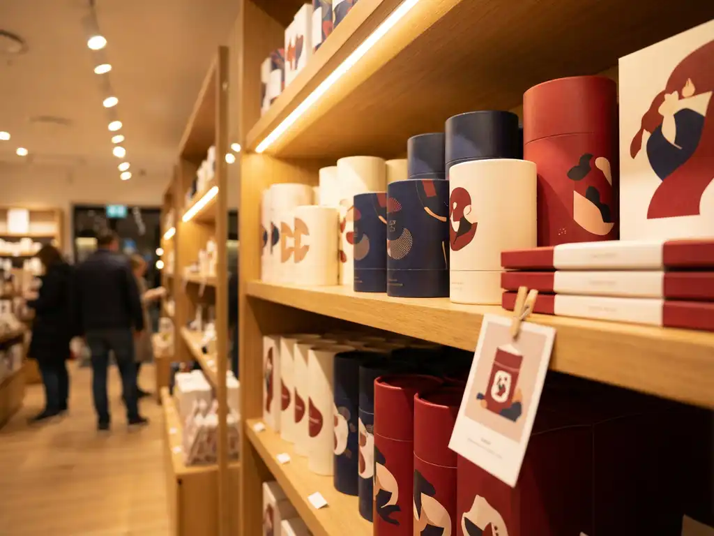 Estante de tienda con productos de empaques coloridos en tonos rojo, azul marino y blanco, con tarjeta promocional en el borde y luz cálida.