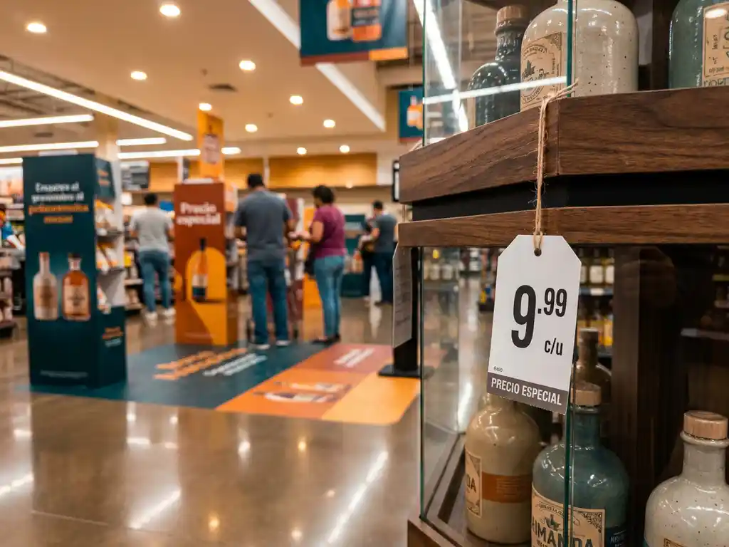 Etiqueta de precio engañosa colgando de una exhibición premium en pasillo de tienda mexicana, con compradores desenfocados al fondo.