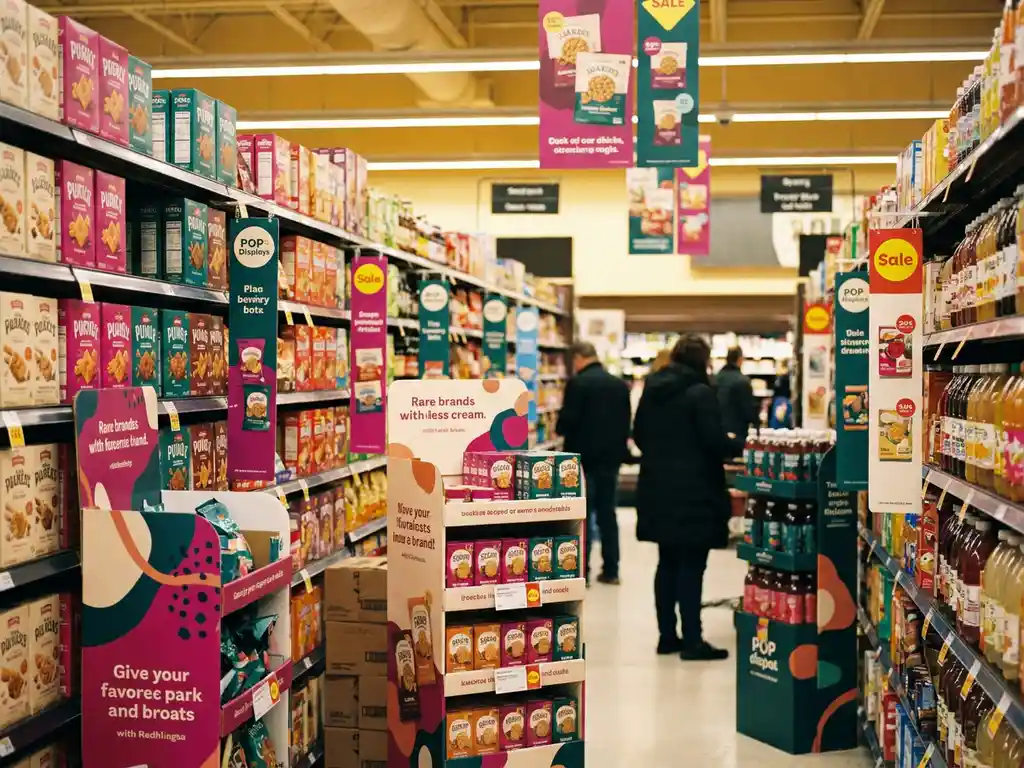 Pasillo minorista con displays POP, shelf talkers y danglers promocionales enmarcando estantes coloridos, iluminación dorada cálida y compradores al fondo.