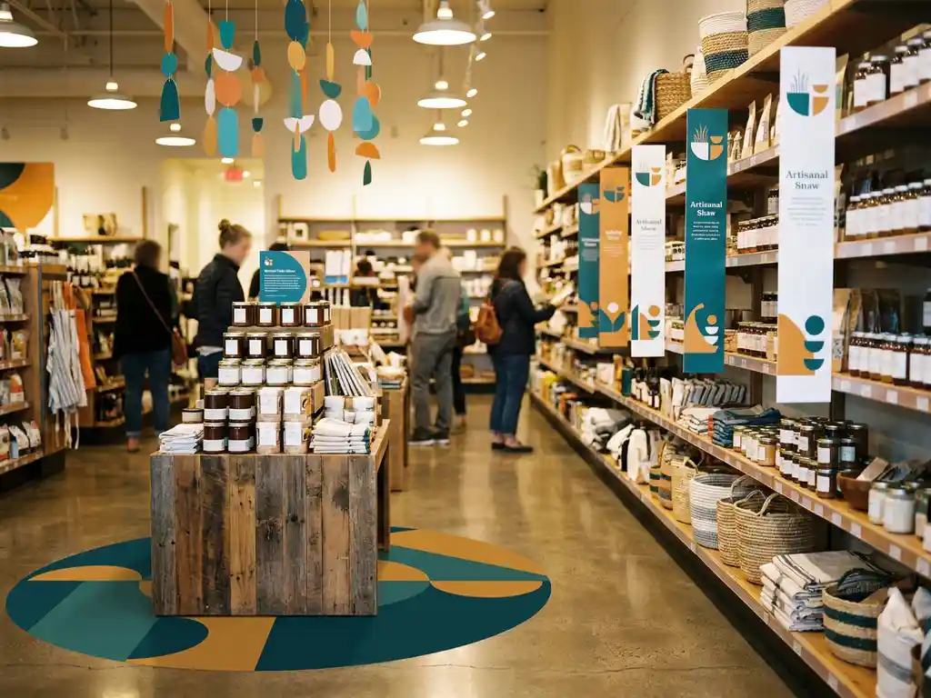 Pasillo de tienda con gráficos de suelo, danglers y exhibidores de punto de venta en tonos teal, ámbar y blanco, con compradores al fondo.