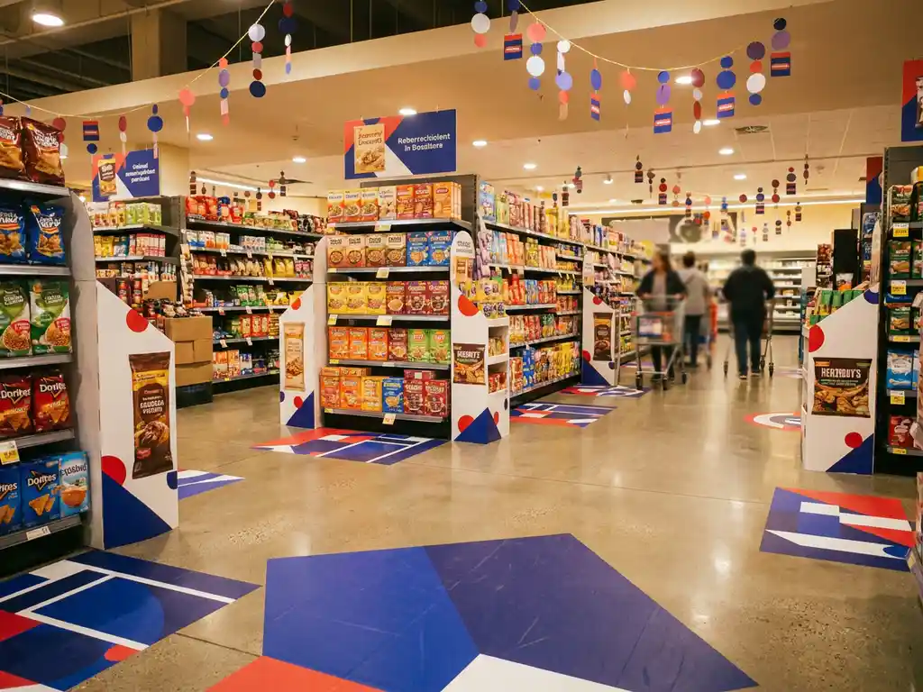 Pasillo de tienda con gráficas de piso, colgantes promocionales y exhibidores en azul, blanco y rojo, con compradores desenfocados al fondo.