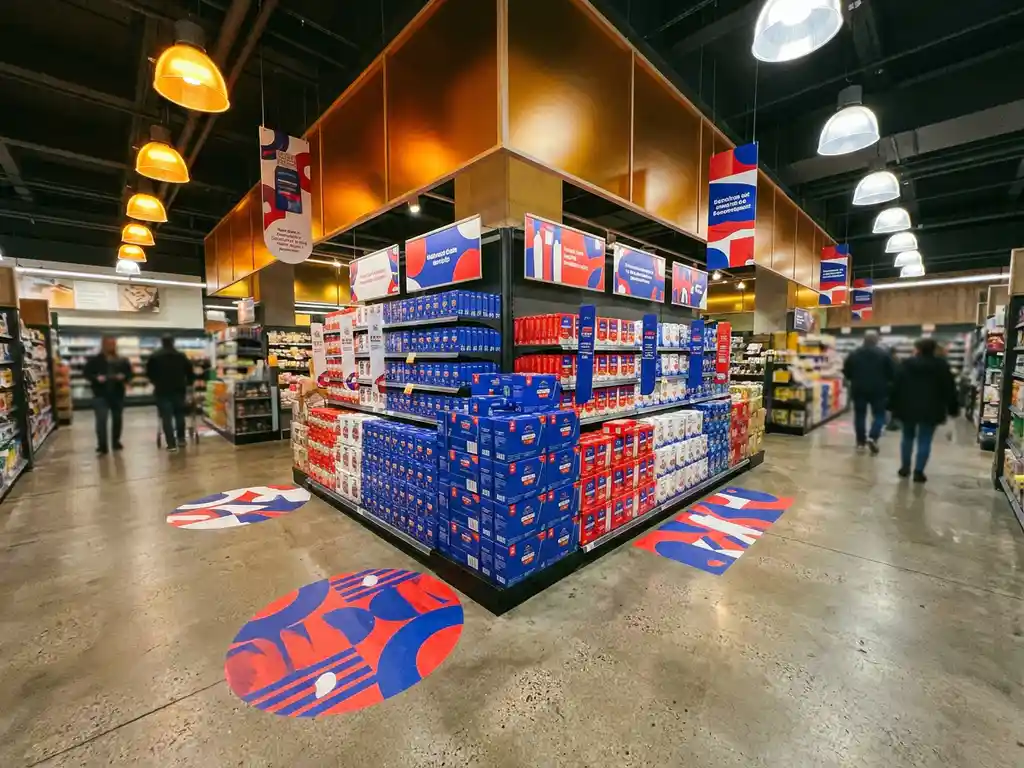 Pasillo de tienda con gráficos de piso, colgantes y exhibidores en azul cobalto y rojo enmarcando productos iluminados en punto de venta.