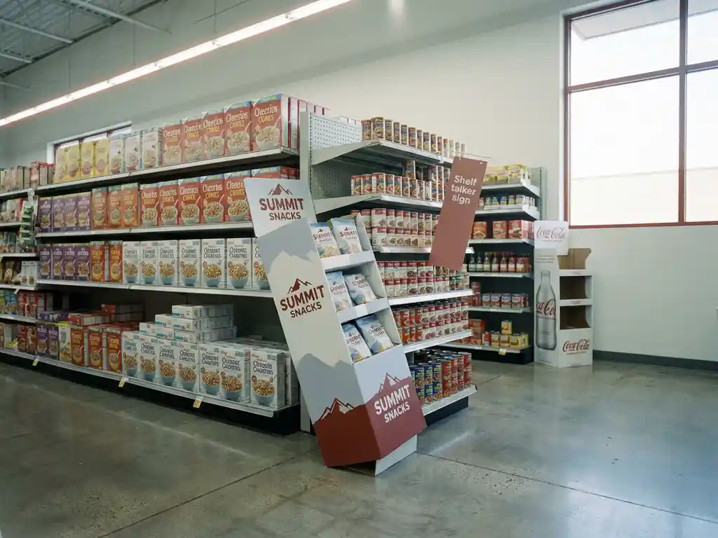 Exhibidor promocional inclinado contra estante de supermercado con shelf talker torcido junto a productos apilados bajo luz fluorescente.