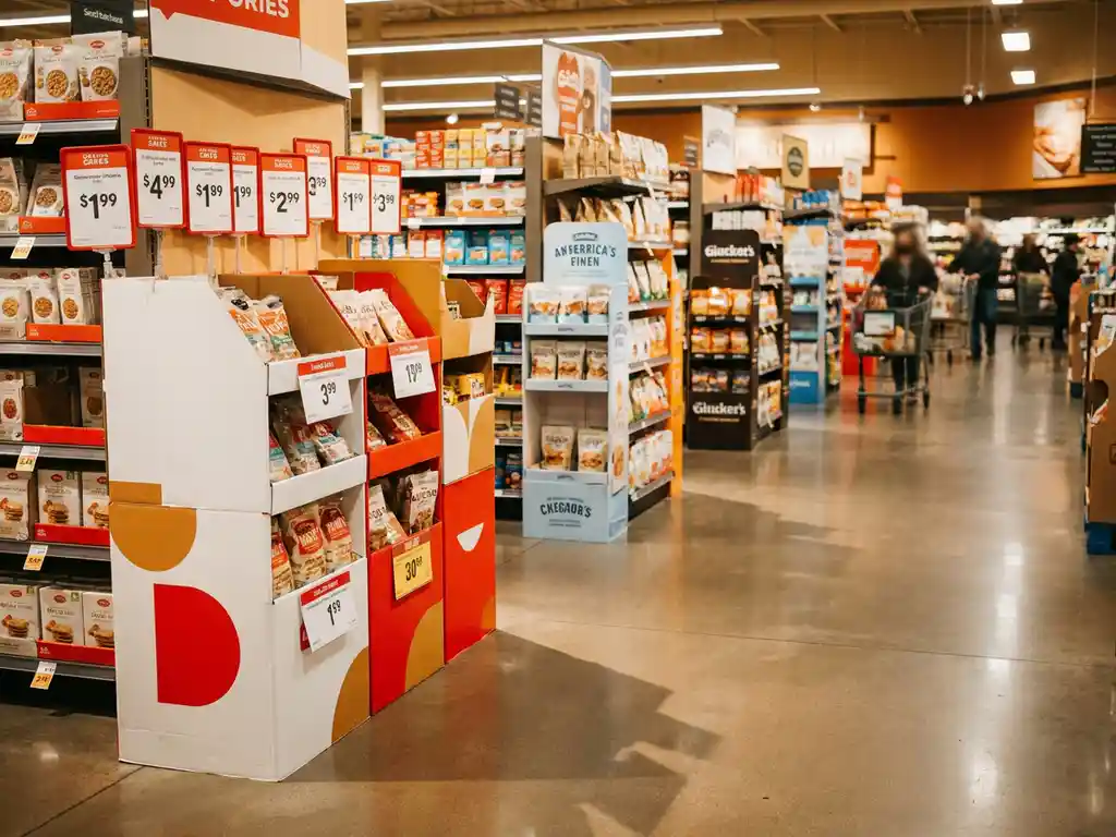Exhibidor de piso y señalización POP en pasillo de supermercado iluminado, con standees promocionales en góndolas y compradores desenfocados al fondo.