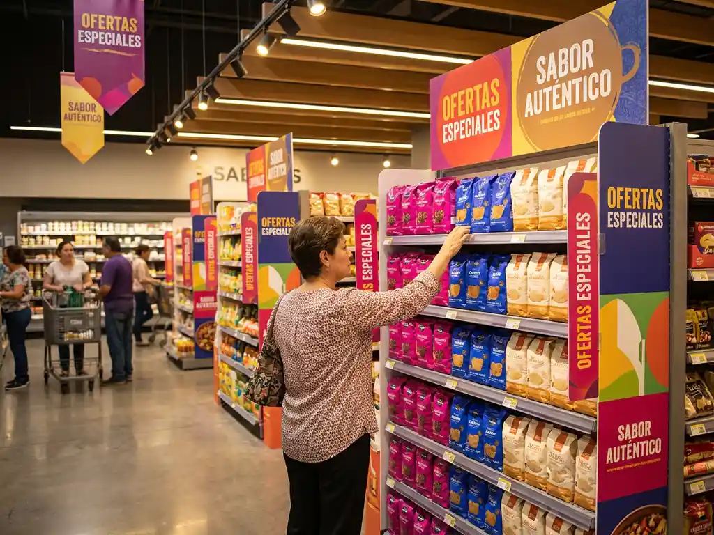 Comprador alcanzando exhibidor promocional en supermercado mexicano con materiales POP en magenta, azul cobalto y blanco.