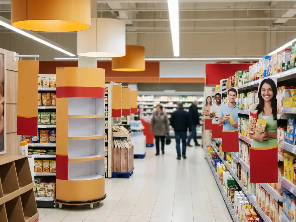 Exhibidor de piso y colgantes promocionales en pasillo de supermercado iluminado, con estantes surtidos y compradores desenfocados al fondo.