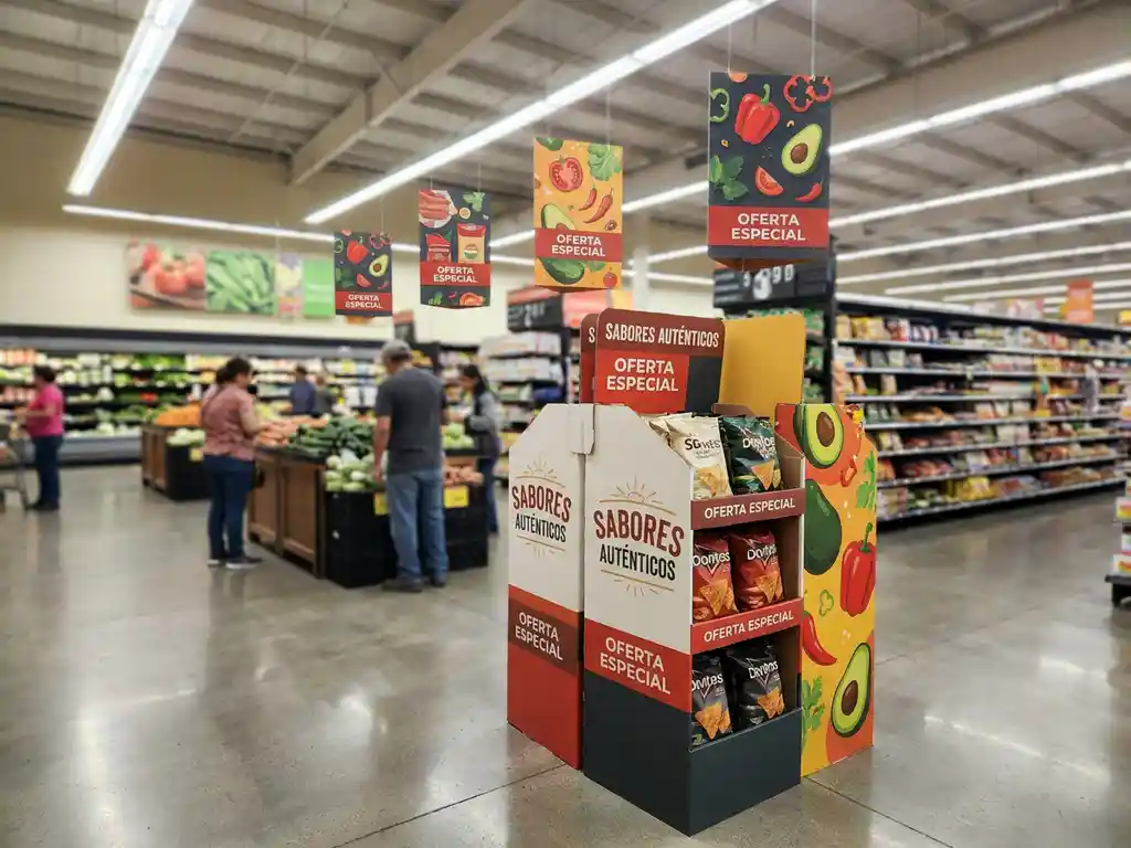 Exhibidor de piso y señalización promocional en pasillo de supermercado mexicano, con compradores al fondo y estantes de productos.