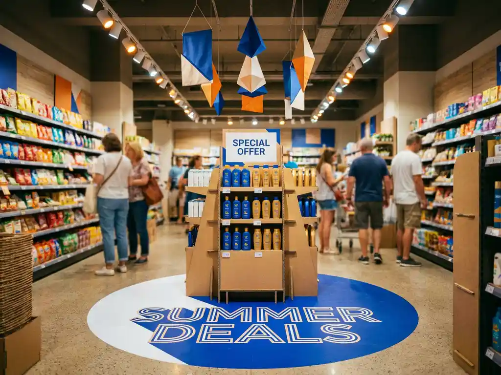 Pasillo de tienda con gráficos de suelo, danglers colgantes y exhibidor promocional iluminado en azul cobalto y ámbar, con compradores al fondo.