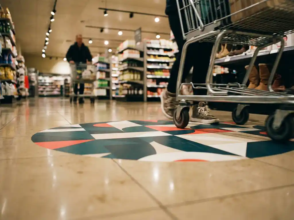 Calcomanía gráfica de suelo en tienda minorista con tonos teal y coral, pies de compradores y ruedas de carrito pasando sobre el diseño impreso.