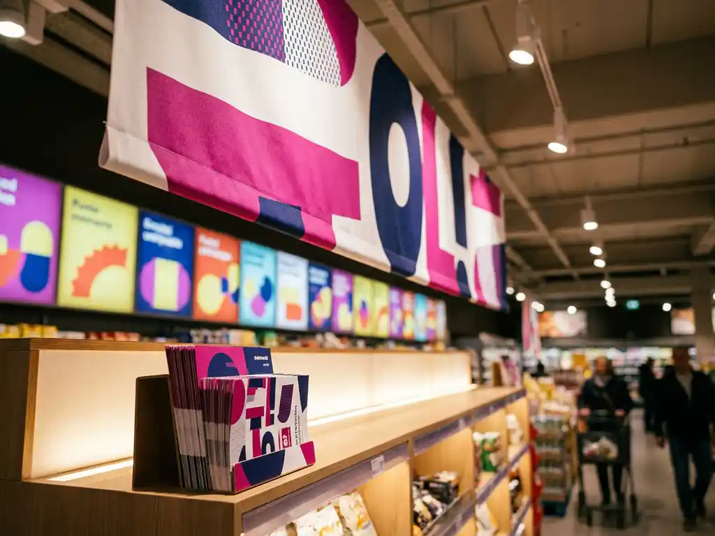 Banner publicitario de gran formato junto a folletos promocionales impresos en estante de tienda, iluminación cálida y colores magenta, blanco y azul marino.