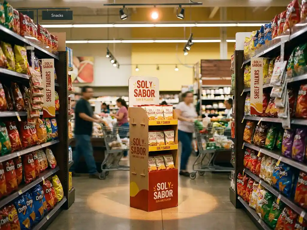 Exhibidor colorido de marca pequeña destacando entre competidores en pasillo de supermercado mexicano, con material punto de venta iluminado.