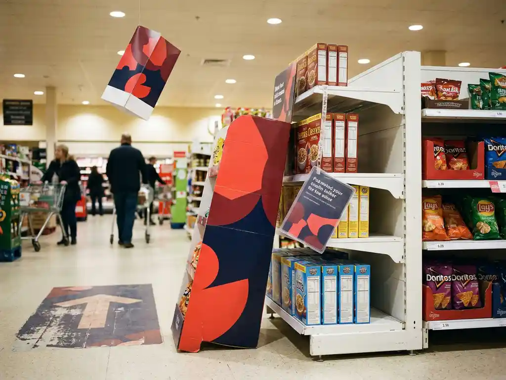 Standee promocional mal colocado en pasillo de supermercado con señalización torcida, gráficos de suelo desalineados y compradores desenfocados al fondo.