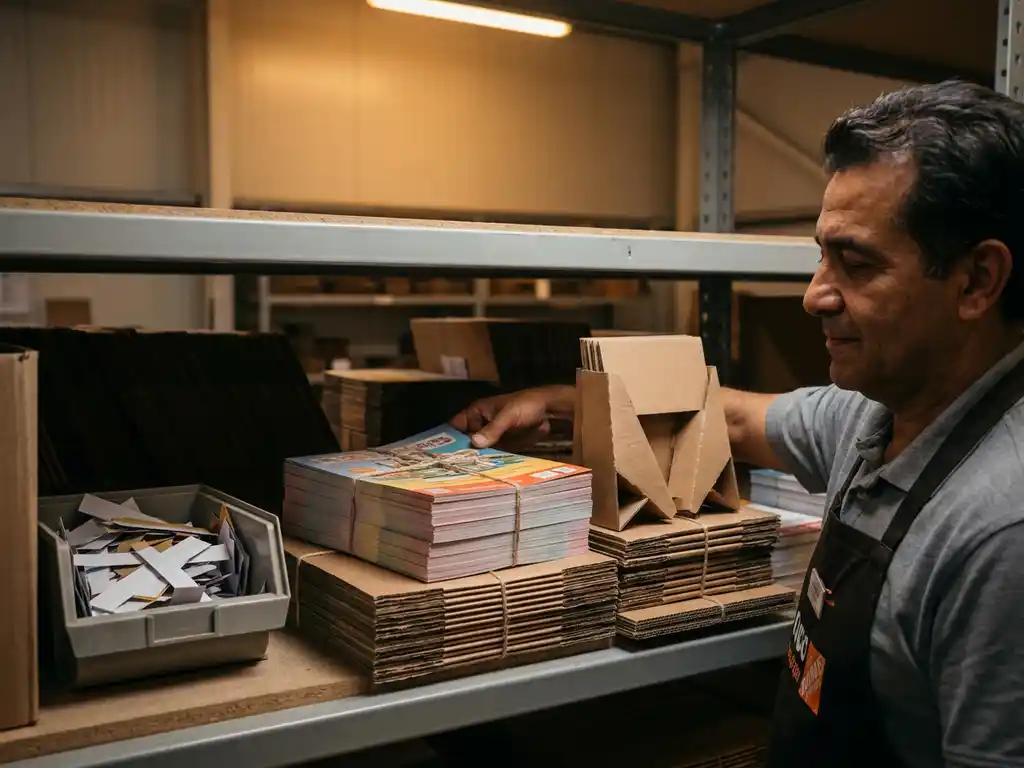Gerente de tienda revisando materiales POP organizados en estante de almacén: shelf talkers, gráficos de piso y exhibidores promocionales.