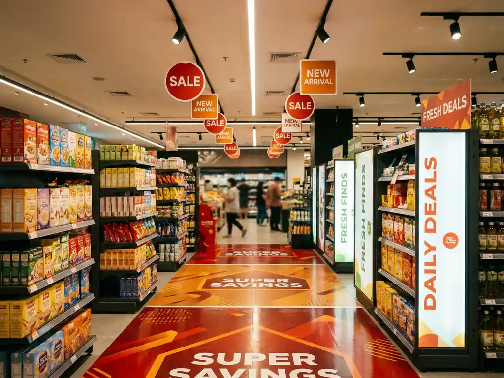 Pasillo de supermercado moderno con gráficos de piso, colgantes y displays promocionales POP junto a estantes surtidos.