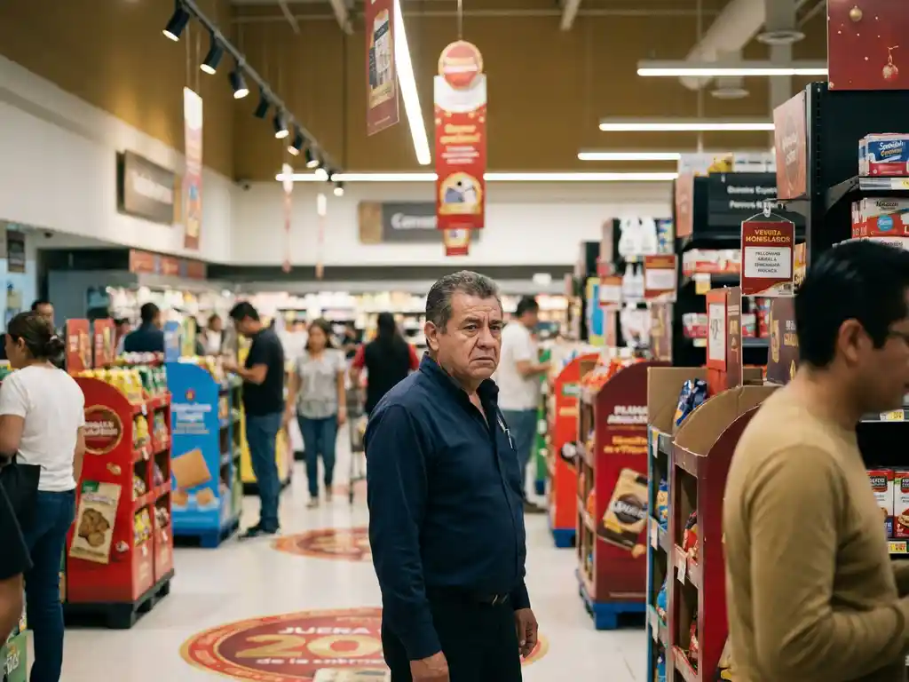 Gerente de retail frustrado en pasillo de supermercado mexicano rodeado de displays POP, danglers y gráficos de piso ignorados por compradores.