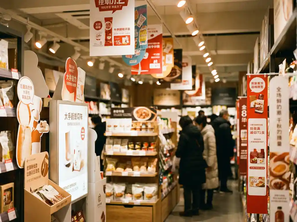 Pasillo de tienda minorista con standees promocionales, shelf talkers y danglers de materiales impresos, productos iluminados en estantes al fondo.
