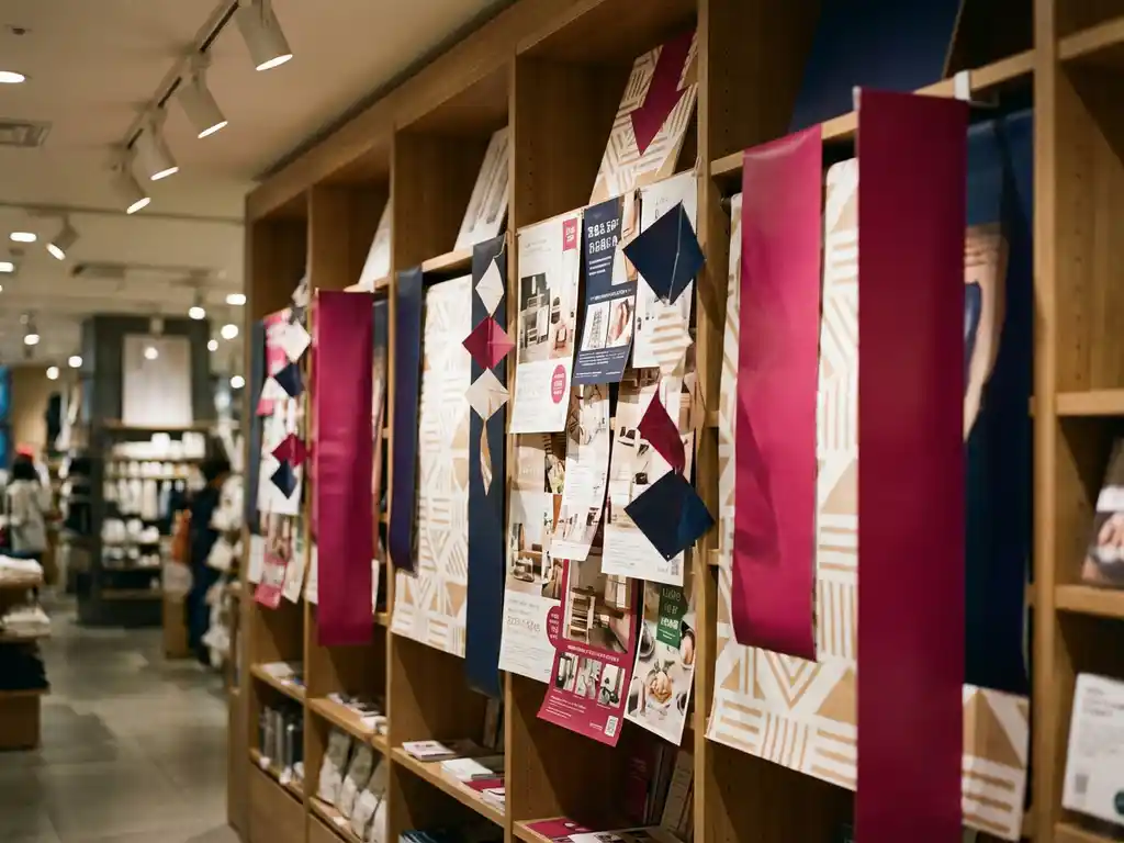 Exhibidor minorista con materiales de punto de venta impresos: volantes, colgantes y banners de vinilo en tonos magenta, azul marino y blanco.