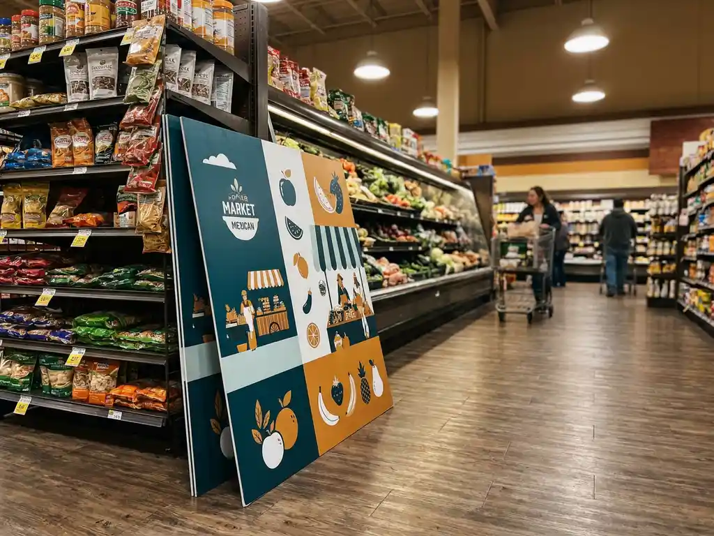 Panel rígido impreso a todo color apoyado en estante de supermercado mexicano, con gráficos vibrantes en teal, blanco y ámbar.
