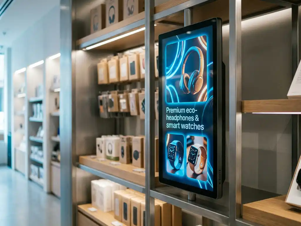 Pantalla digital en estante de tienda mostrando promociones de productos con iluminación azul eléctrica y mercancía organizada al fondo.