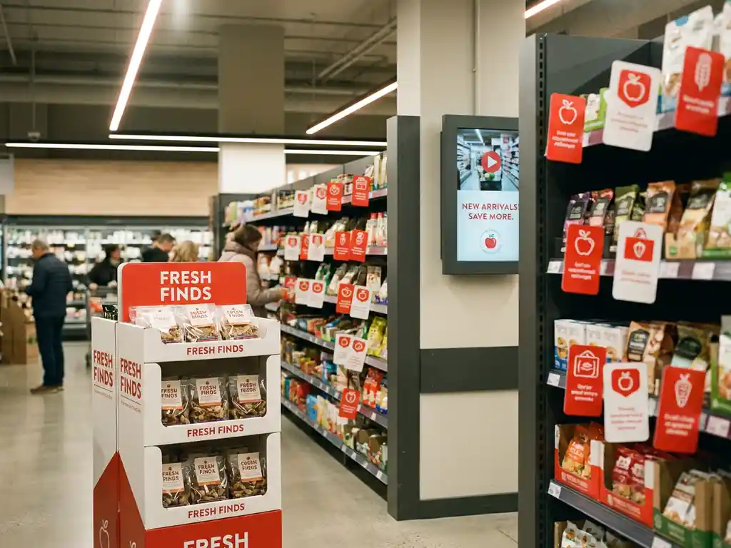 Exhibidor de piso y señalización en góndola junto a pantalla digital promocional en pasillo de supermercado moderno.