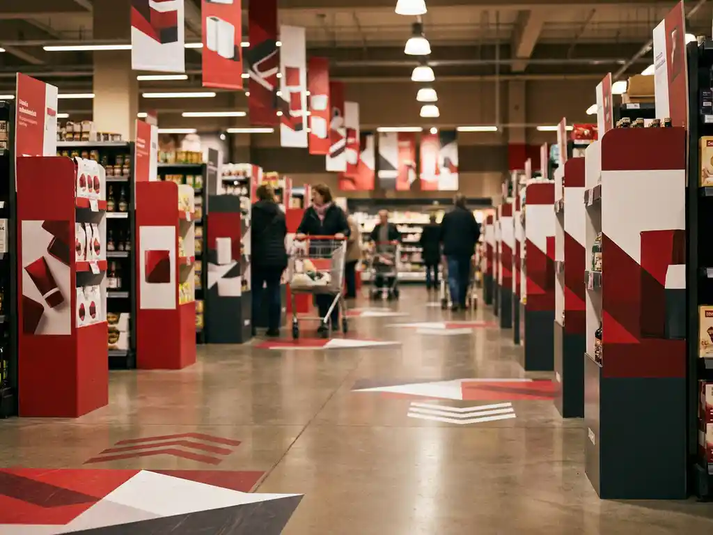 Pasillo de tienda con gráficos de suelo, colgantes y displays promocionales en rojo, blanco y carbón, con compradores desenfocados al fondo.