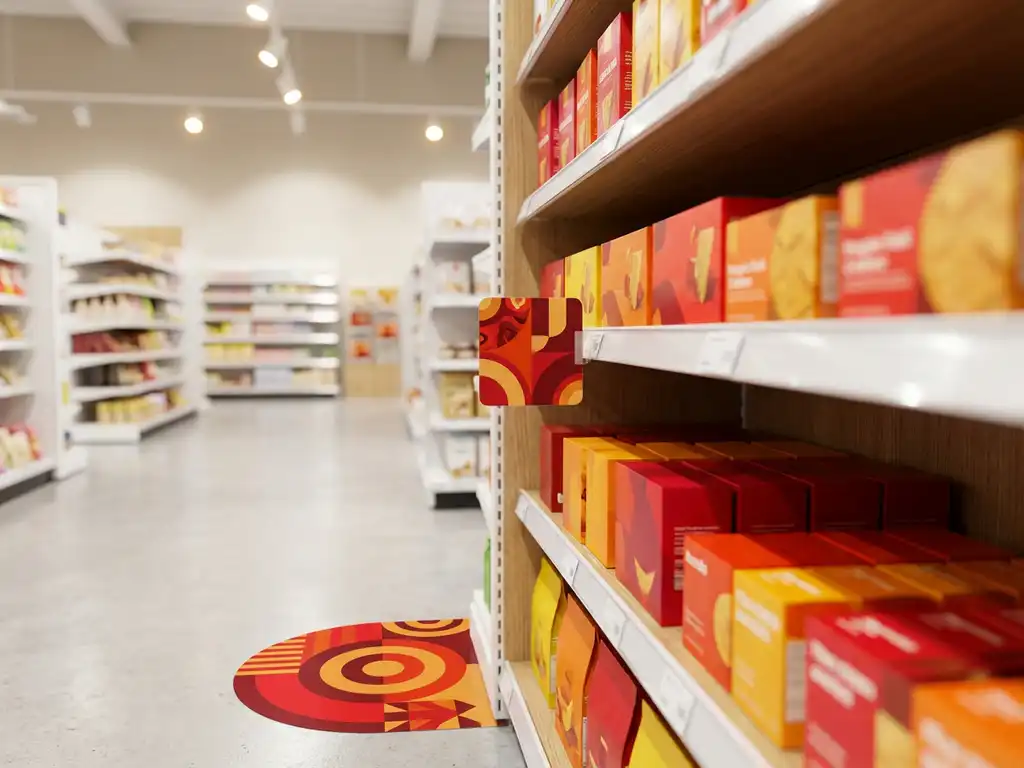 Estante de supermercado mexicano con productos coloridos, señalización promocional y gráfico de piso en pasillo moderno bien iluminado.