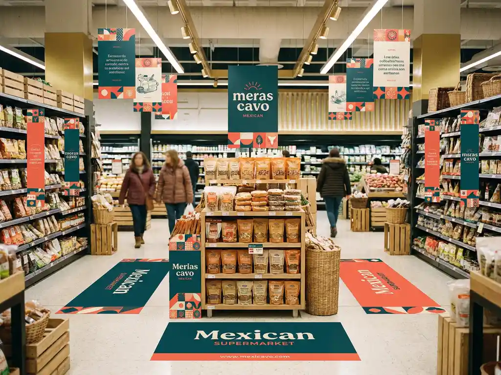 Pasillo de supermercado mexicano con gráficos de piso, colgantes y exhibidor principal en colores teal, coral y blanco.