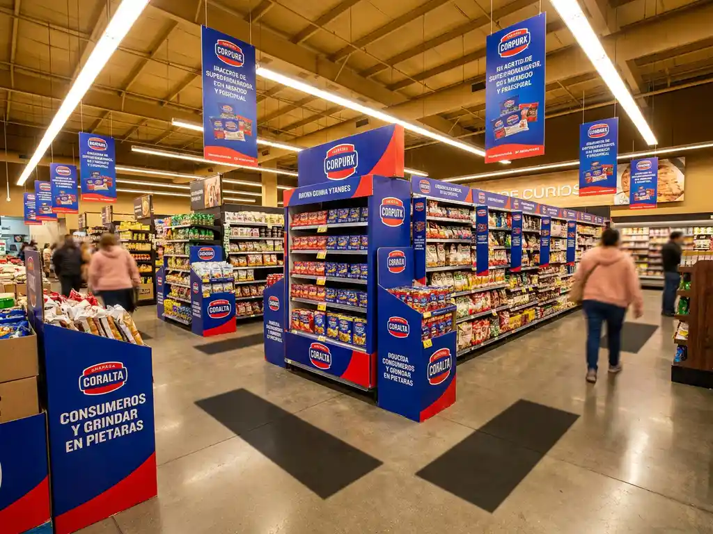 Pasillo de supermercado mexicano con exhibidores de piso, colgantes y señalización en azul cobalto, rojo y blanco.