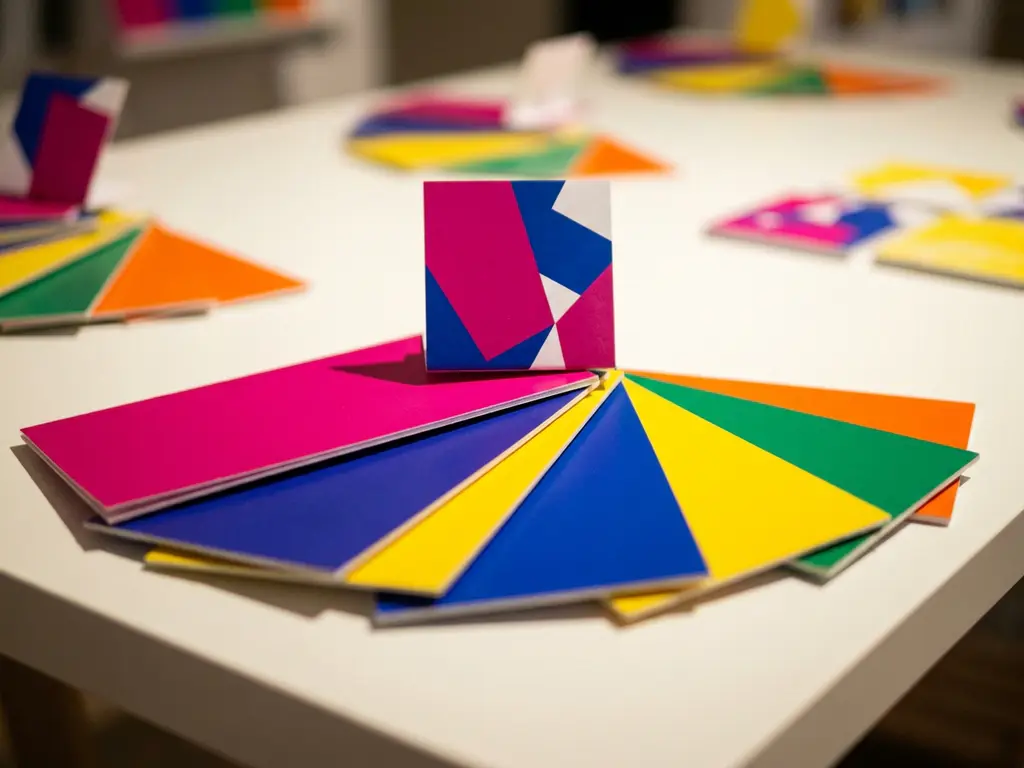 Abanico de muestras de color en magenta, azul cobalto y blanco sobre superficie blanca con tarjeta POP en el centro.