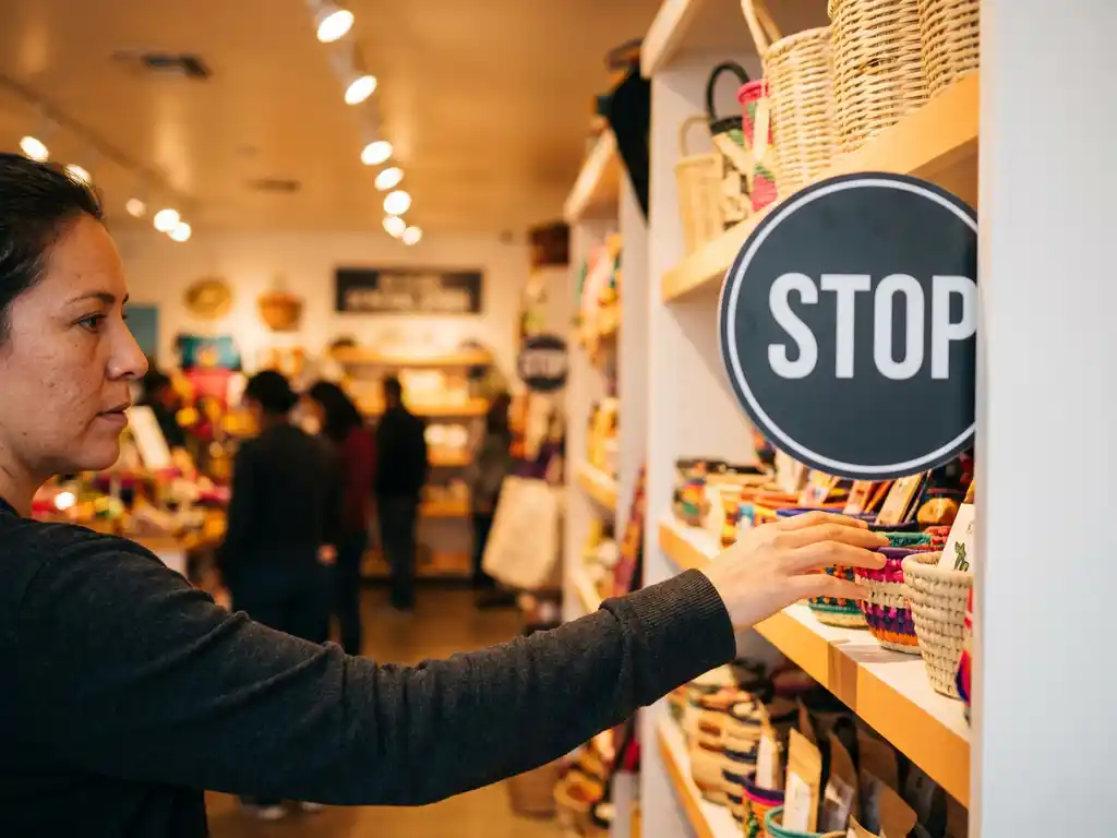 Comprador en tienda mexicana alcanzando exhibidor con stopper promocional, iluminación cálida y bokeh suave al fondo.