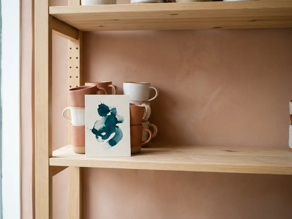 Estante minimalista en tienda mexicana con tarjeta promocional junto a producto apilado, tonos terracota y teal, luz natural difusa.