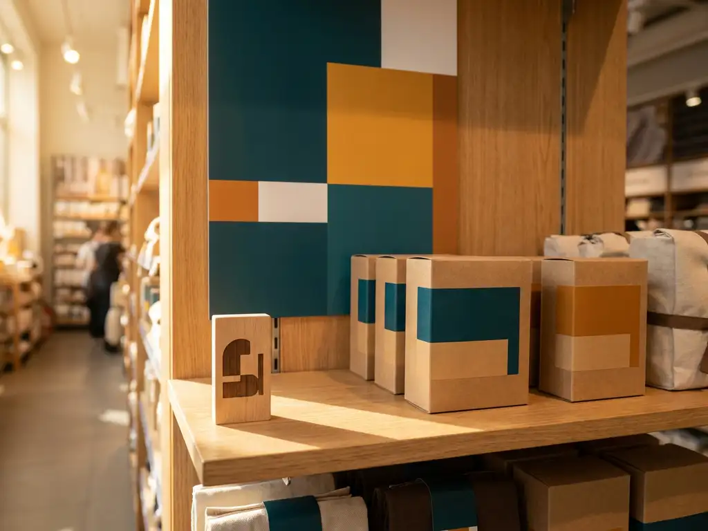 Estante de tienda con cartel promocional en bloques de color verde azulado y ámbar, productos organizados e iluminación cálida lateral.