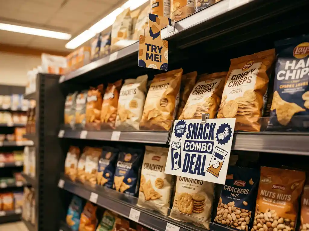 Estante de tienda de conveniencia con stopper promocional en el borde, rodeado de snacks y dangler colgante, iluminación cálida ámbar.