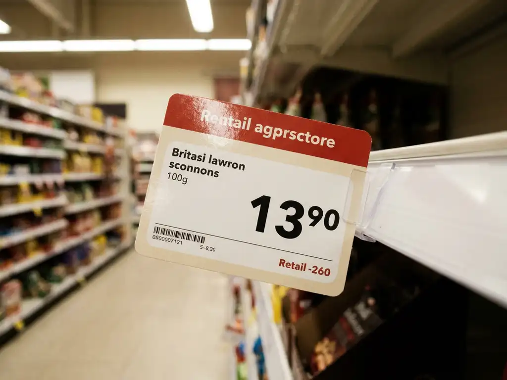 Etiqueta de precio en cartulina brillante sobre el borde de un estante de supermercado, con pasillo desenfocado al fondo.