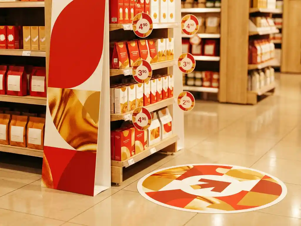 Exhibidor minorista con banner promocional, etiquetas de precio y gráfico de piso en pasillo iluminado con tonos rojos, blancos y dorados.