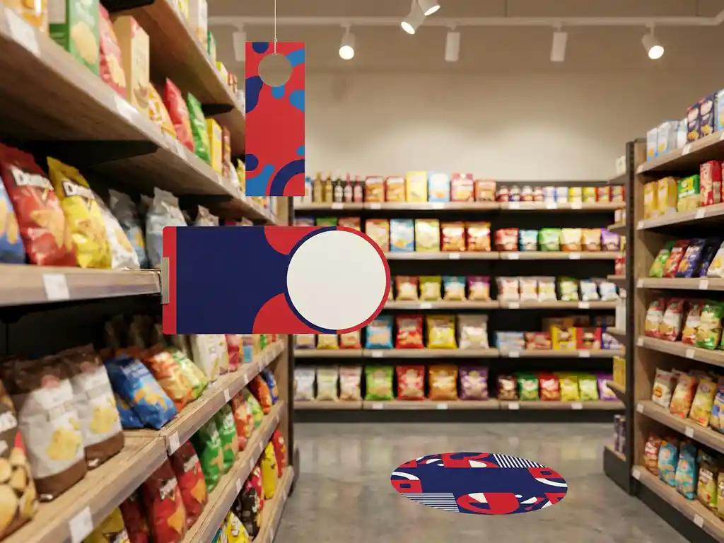 Exhibidor de tienda de conveniencia con señal stopper, dangler colgante y gráfico de piso en azul marino, rojo y blanco.