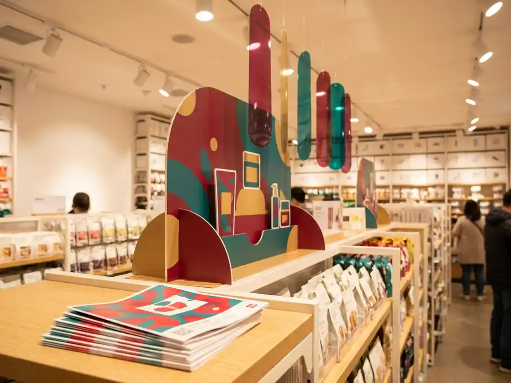 Exhibidor promocional en tienda con colgantes coloridos, folletos apilados en mostrador y tonos rojos y verde azulado bajo iluminación cálida.