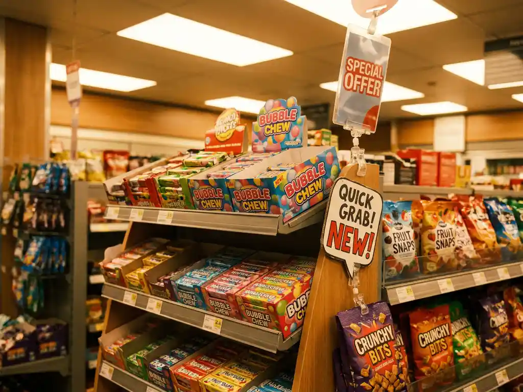 Expositor de punto de venta con productos de compra por impulso: dulces, chicles y snacks coloridos bajo iluminación cálida de tienda.