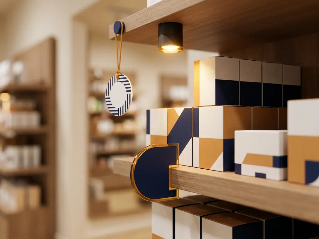 Exhibidor de estante con stopper promocional y dangler iluminados, rodeados de empaques organizados en pasillo de tienda minimalista.