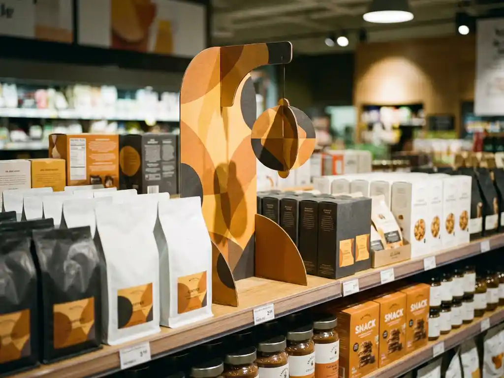 Exhibidor de cartón en góndola de tienda con dangler colgante, iluminación cálida ámbar y productos organizados en pasillo comercial.