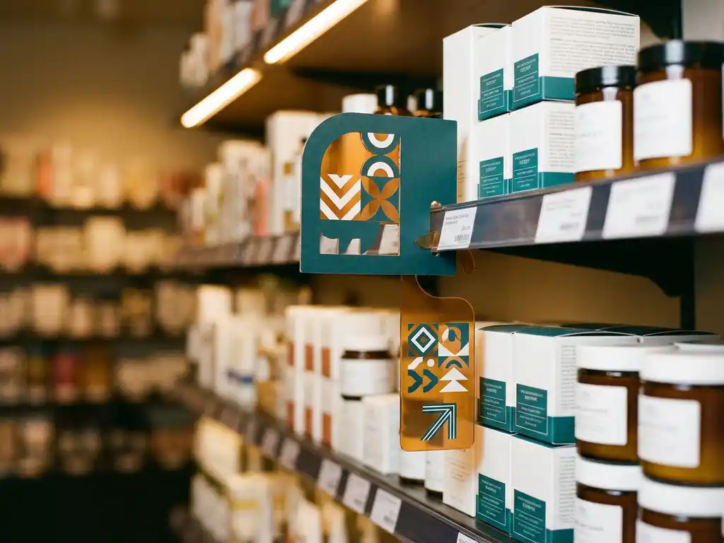 Exhibidor de estante minorista con stopper promocional y dangler colgante bajo luz cálida, productos ordenados en pasillo en tonos teal y ámbar.