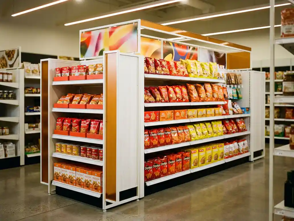 Exhibidor de góndola en esquina de supermercado con productos coloridos, iluminación cálida y pasillos despejados al fondo.