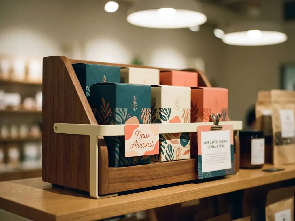 Exhibidor de producto nuevo en estante de tienda con empaques coloridos en tonos coral, crema y verde azulado, iluminación cálida.