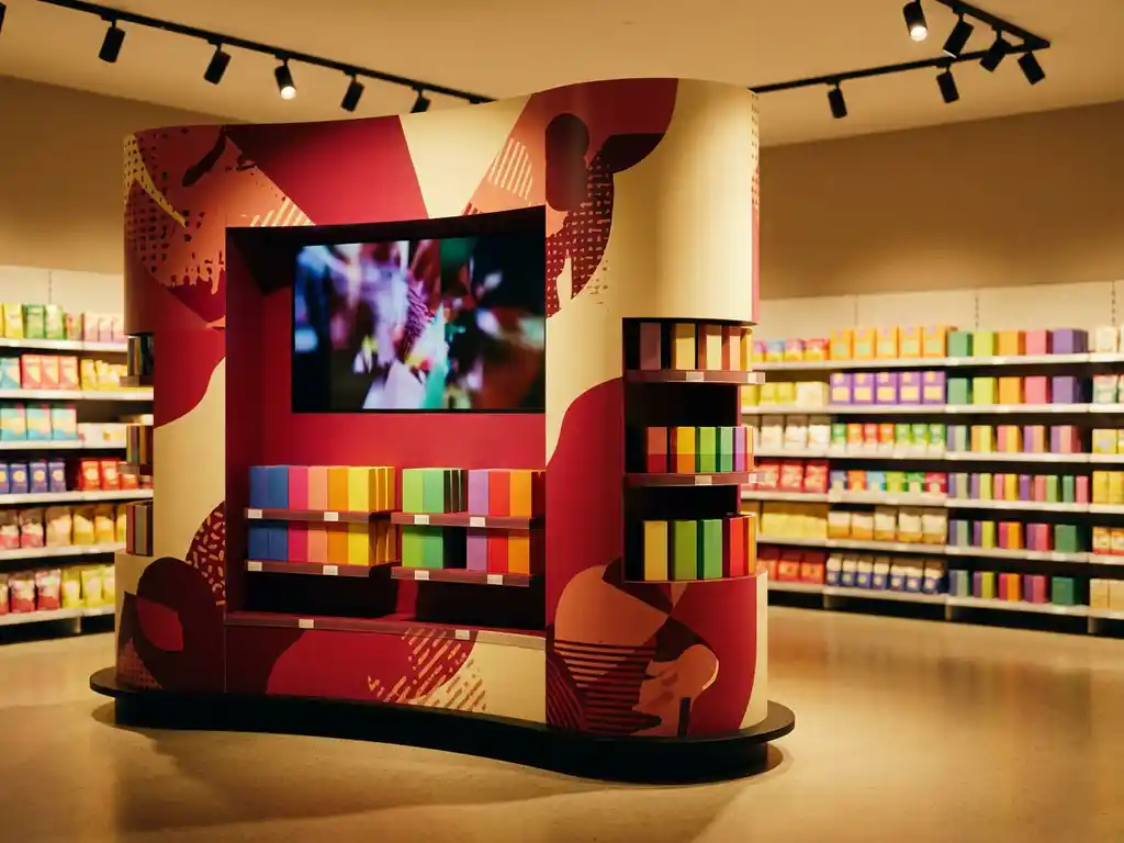 Exhibidor promocional rojo y crema en pasillo de tienda con estantes de productos coloridos al fondo e iluminación cálida.