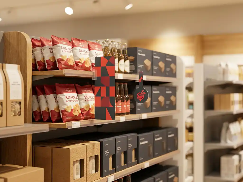 Estante de tienda con snacks, bebidas y artículos del hogar, destacado por un stopper impreso y dangler bajo luz cálida.
