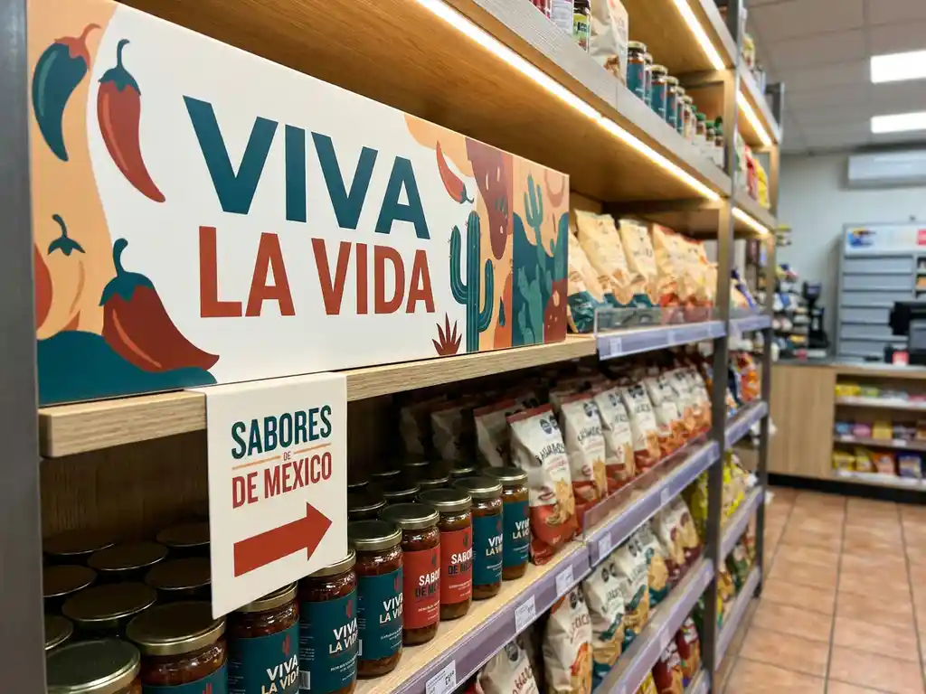 Anaquel de tienda de conveniencia mexicana con señalización impresa en teal y rojo, tarjeta stopper y productos ordenados bajo luz cálida.